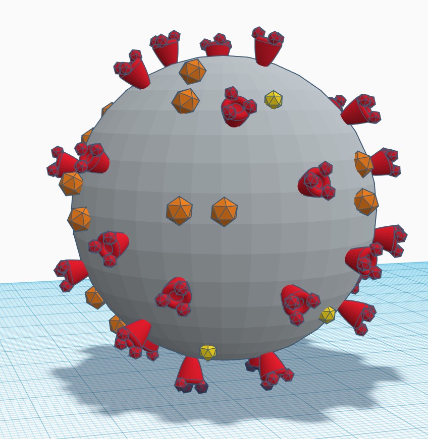 Computer generated model of the Covid-19 virus.  The three different proteins on the covid-19 sphear of the virus are colored red, orange, and yellow.